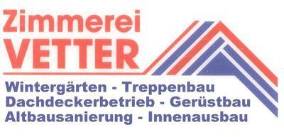 Logo der Zimmerei Vetter: rot-blaues Dach mit dem Schriftzug „Zimmerei Vetter“